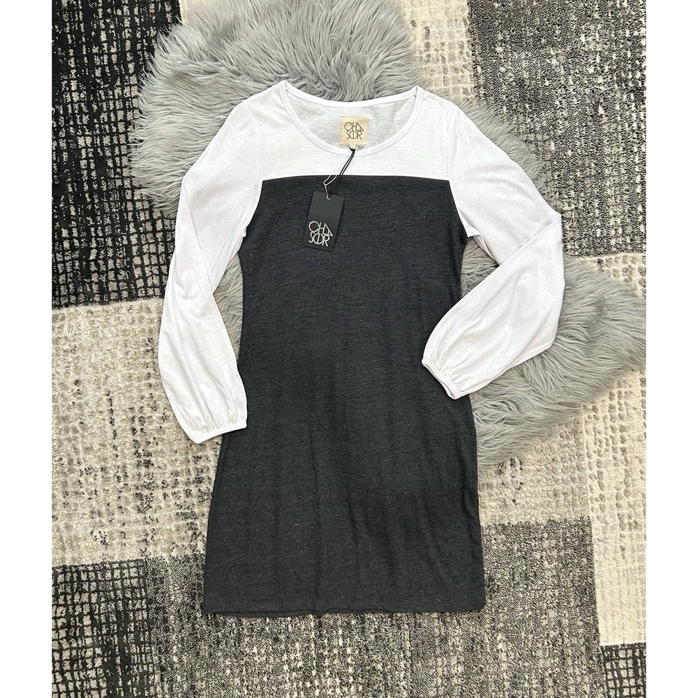 CHASER Charcoal & White Colorblock Long Sleeve Super Soft Mini Dress Medium‎ NEW